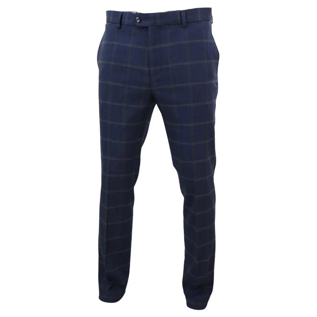 Mens Tweed Check Herringbone Blue Navy Tailored Fit Trousers Regular Length Blinders