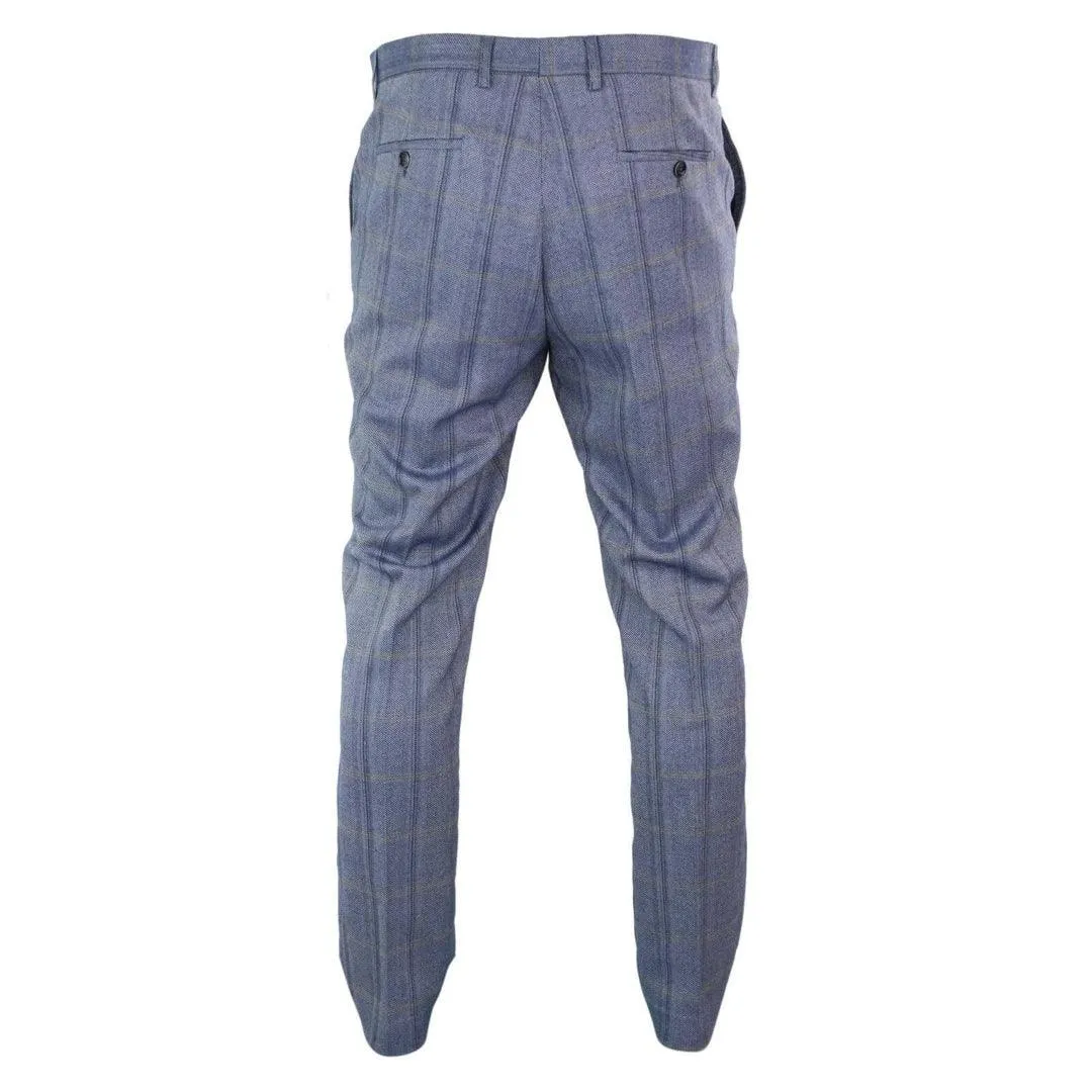 Mens Tweed Check Herringbone Blue Navy Tailored Fit Trousers Regular Length Blinders