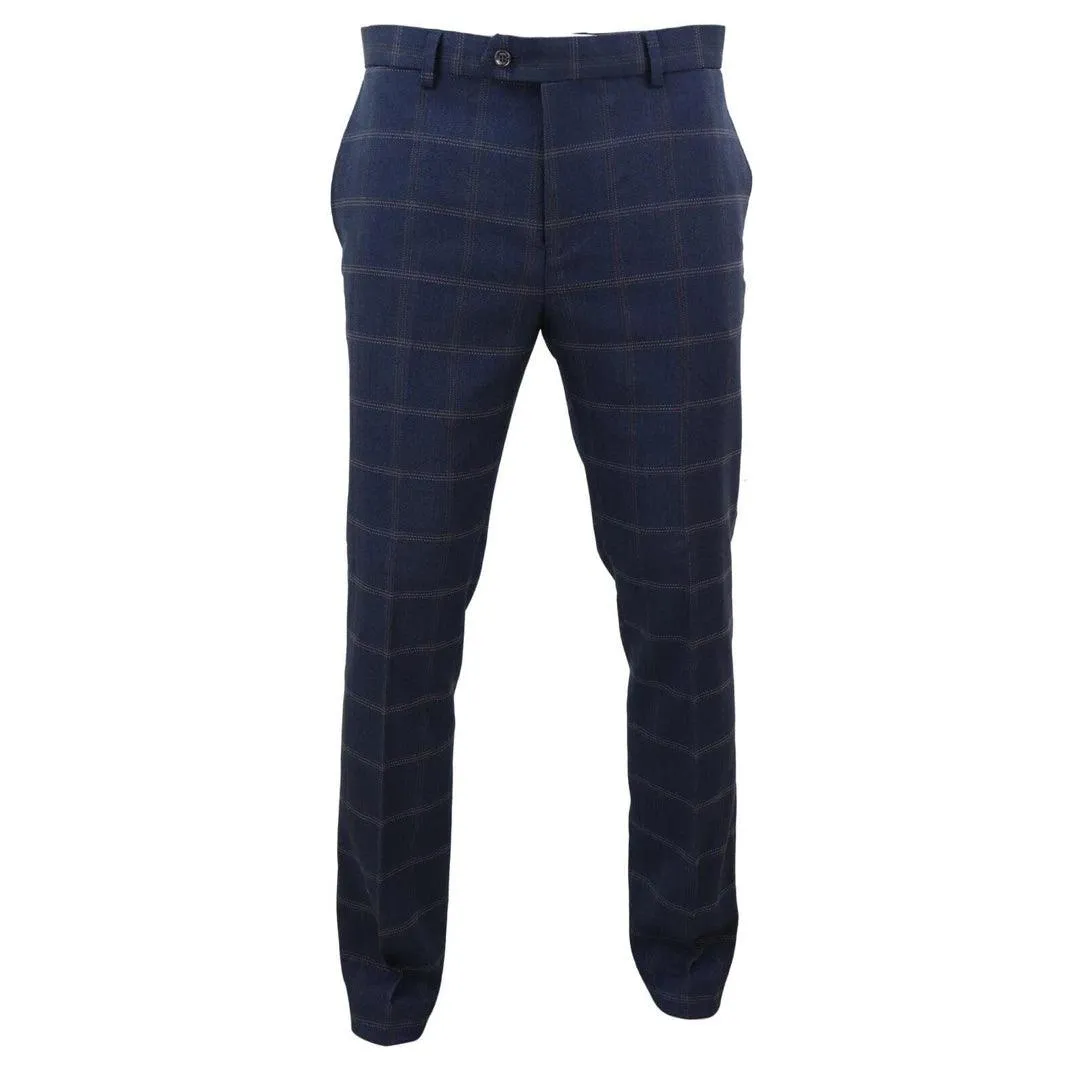 Mens Tweed Check Herringbone Blue Navy Tailored Fit Trousers Regular Length Blinders