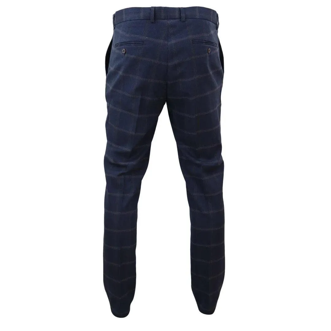 Mens Tweed Check Herringbone Blue Navy Tailored Fit Trousers Regular Length Blinders