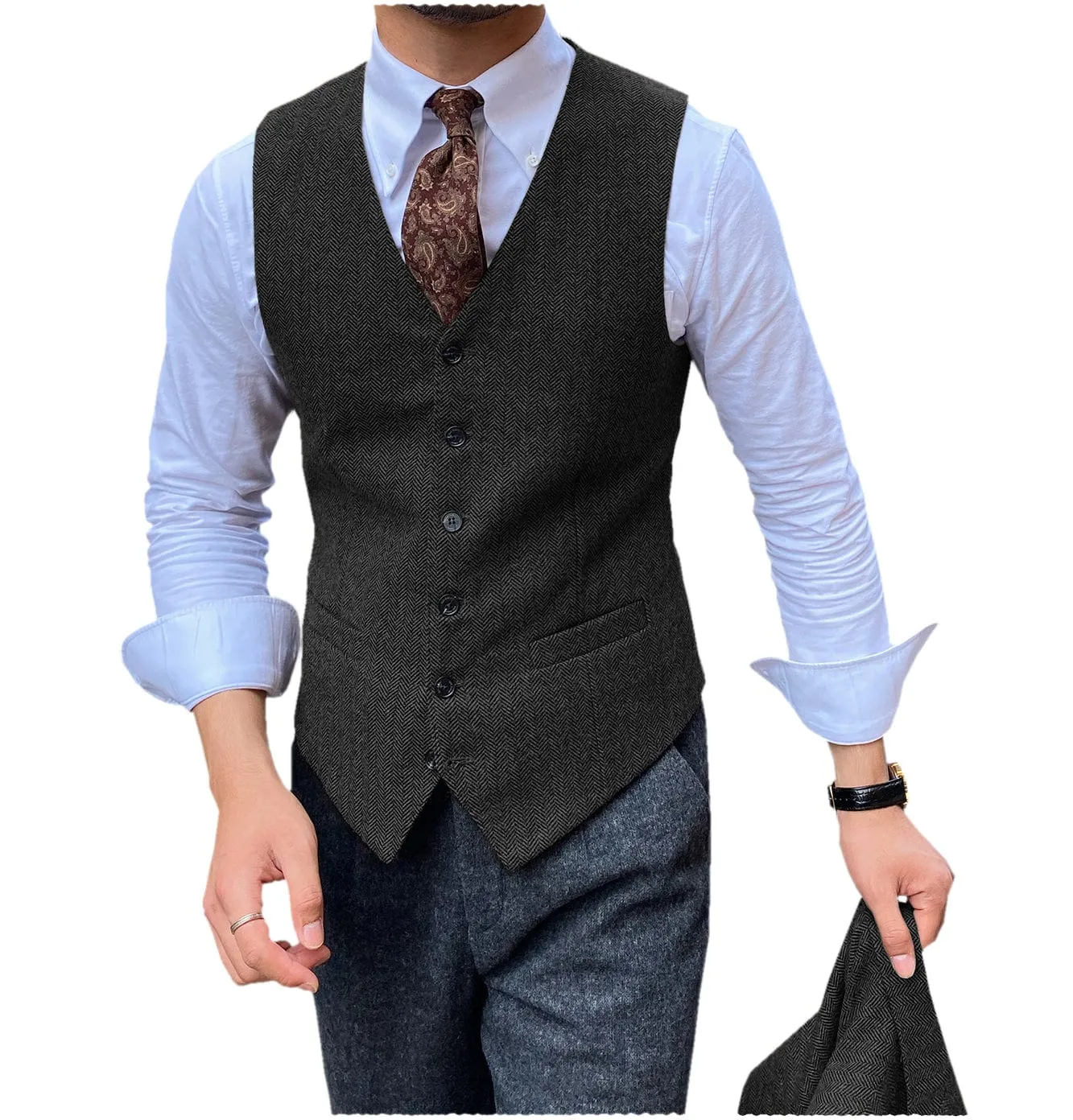 Men's v Neck  Classic  Herringbone Vest Slim