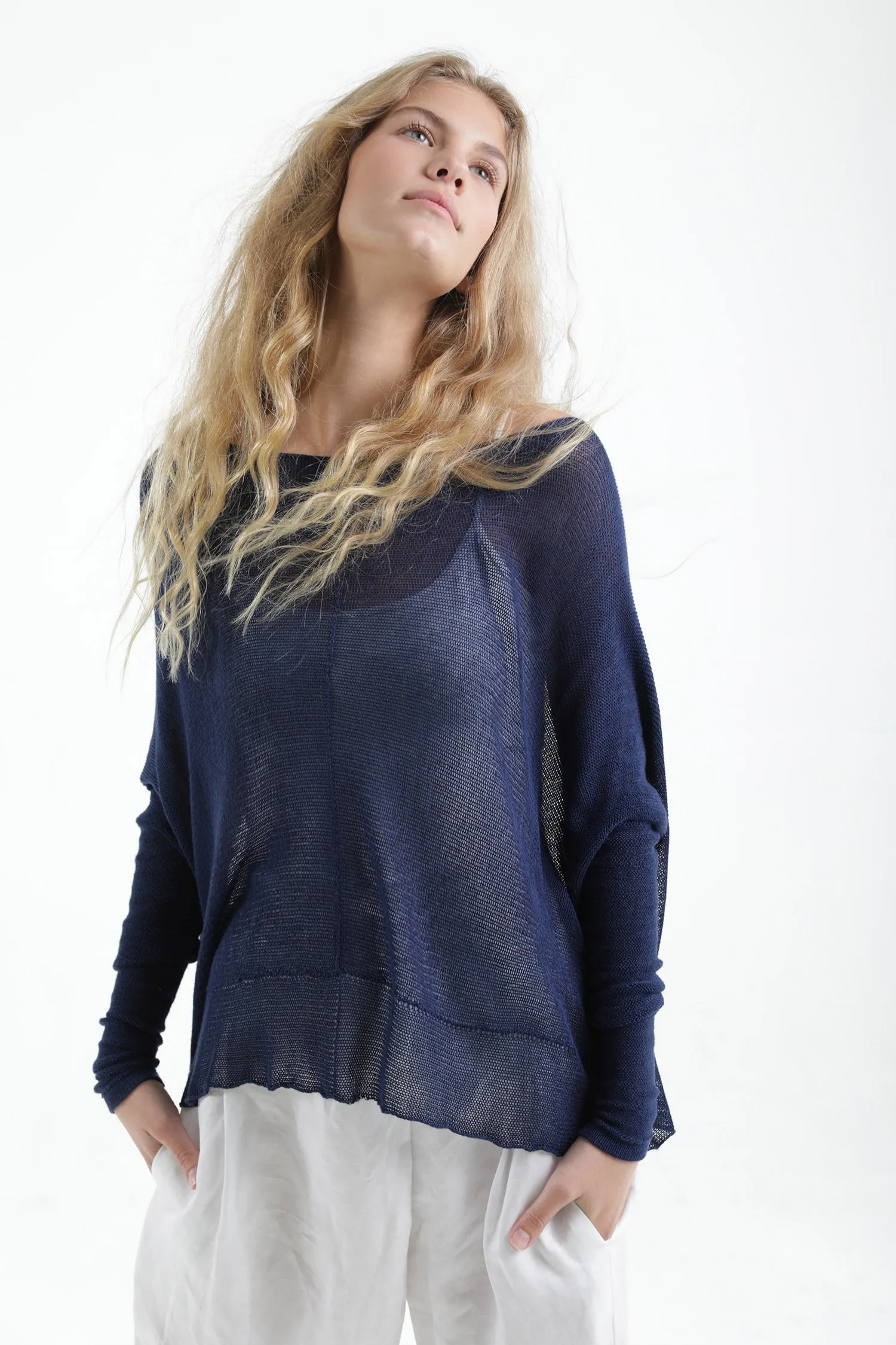 Navy Blue Boat neck Long sleeve oversize knit top