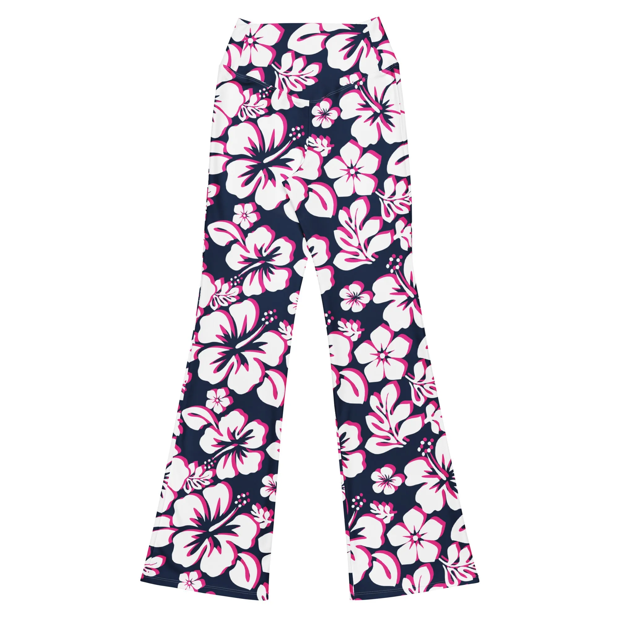 Navy Blue, Hot Pink and White Hawaiian Flowers Flare Leggings