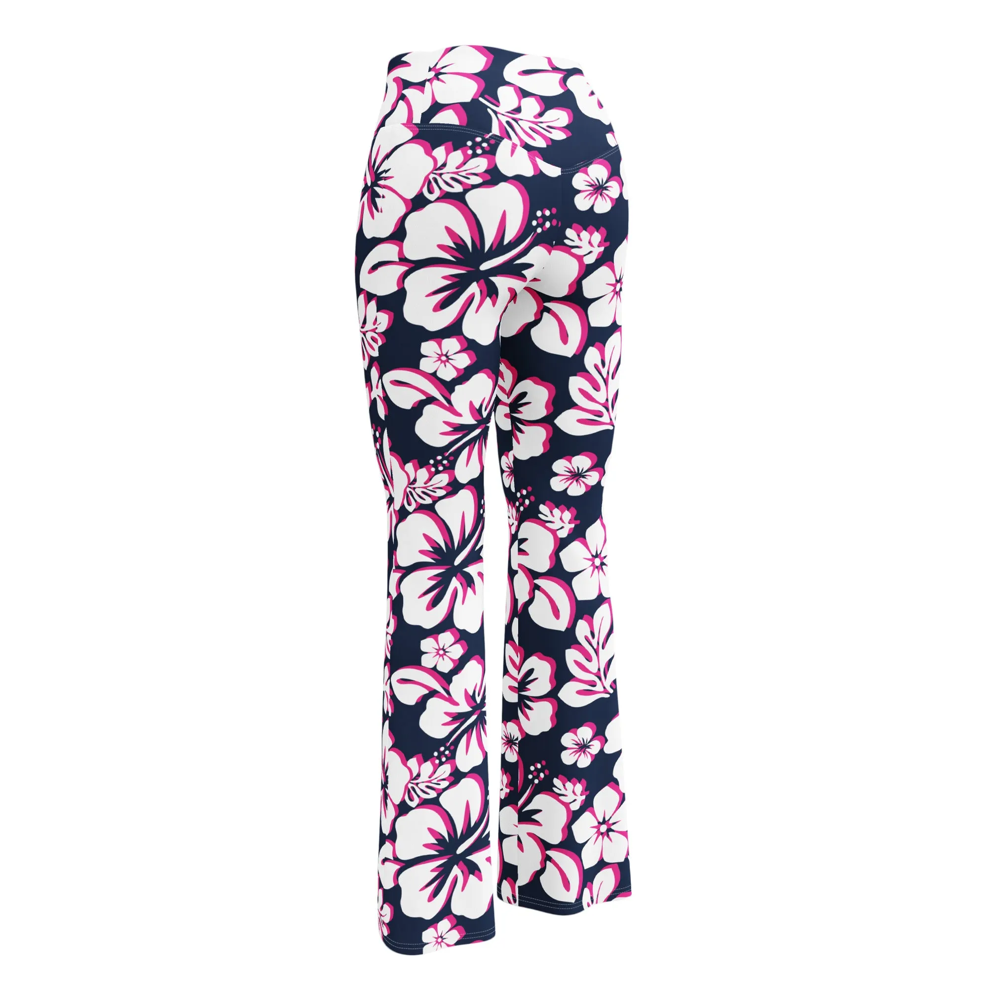 Navy Blue, Hot Pink and White Hawaiian Flowers Flare Leggings