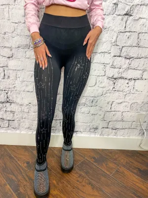 Night Sky Rhinestone Star High Waist Leggings - Black