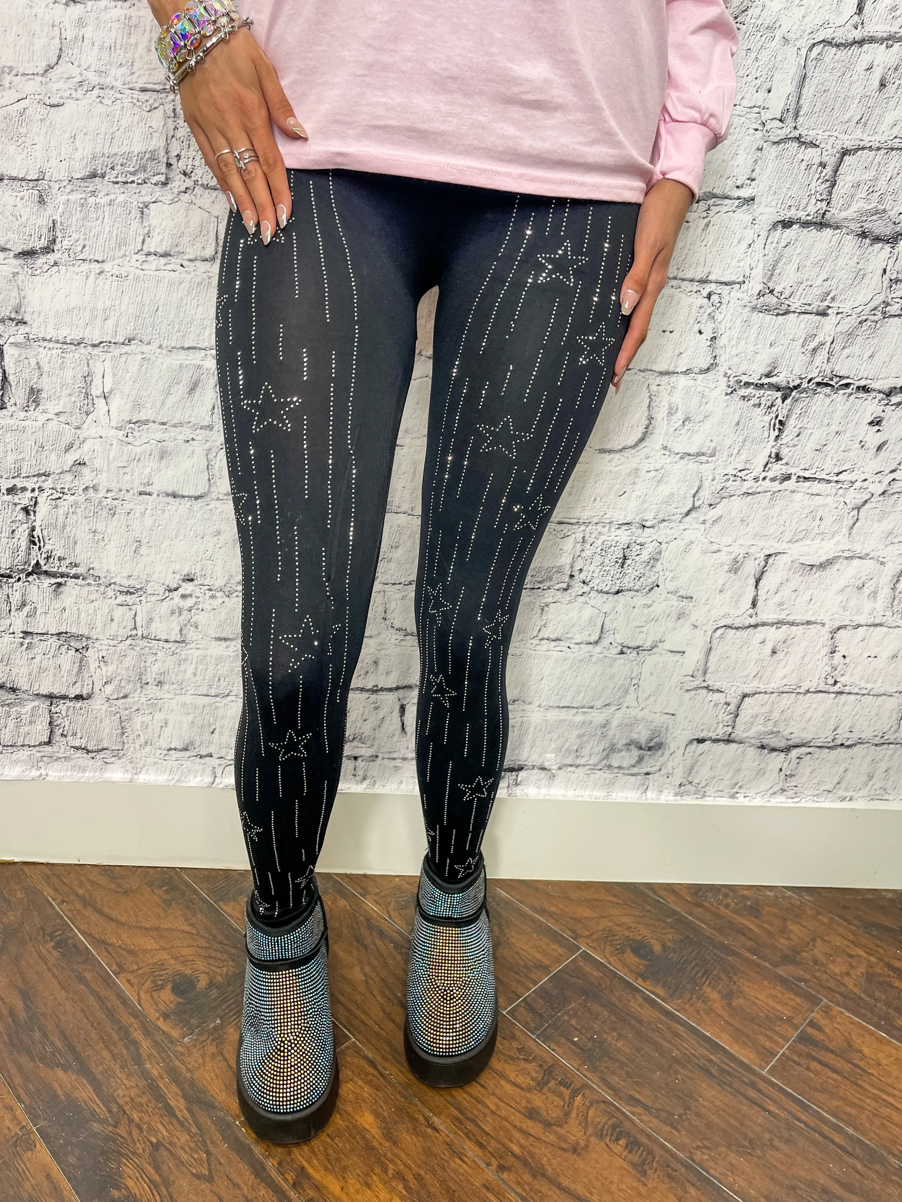 Night Sky Rhinestone Star High Waist Leggings - Black