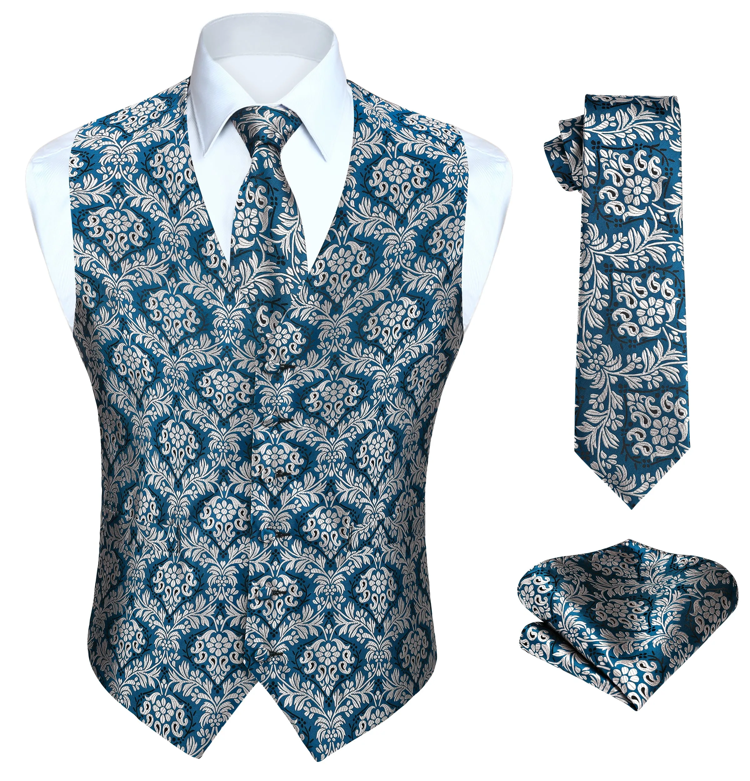 Paisley Floral 3pc Suit Vest Set - BLUE/GREY