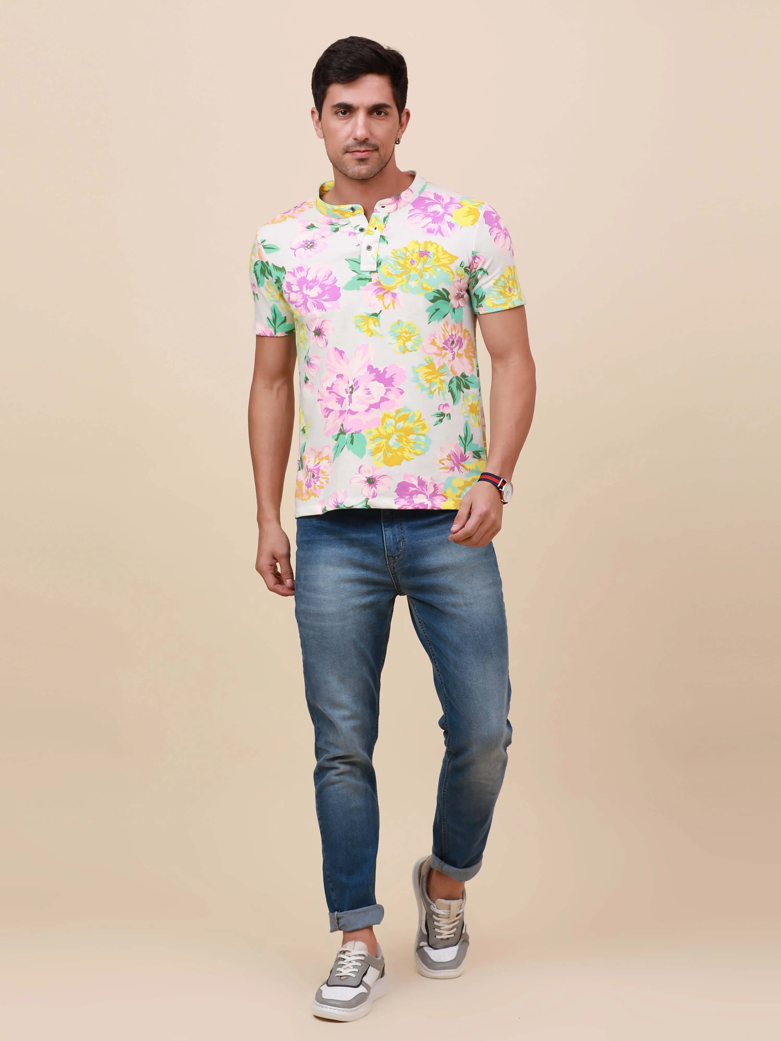 Paradise Tropical Multi-Color Henley T-shirt