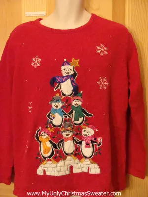 Penguin Pyramid Tree Red Christmas Sweater