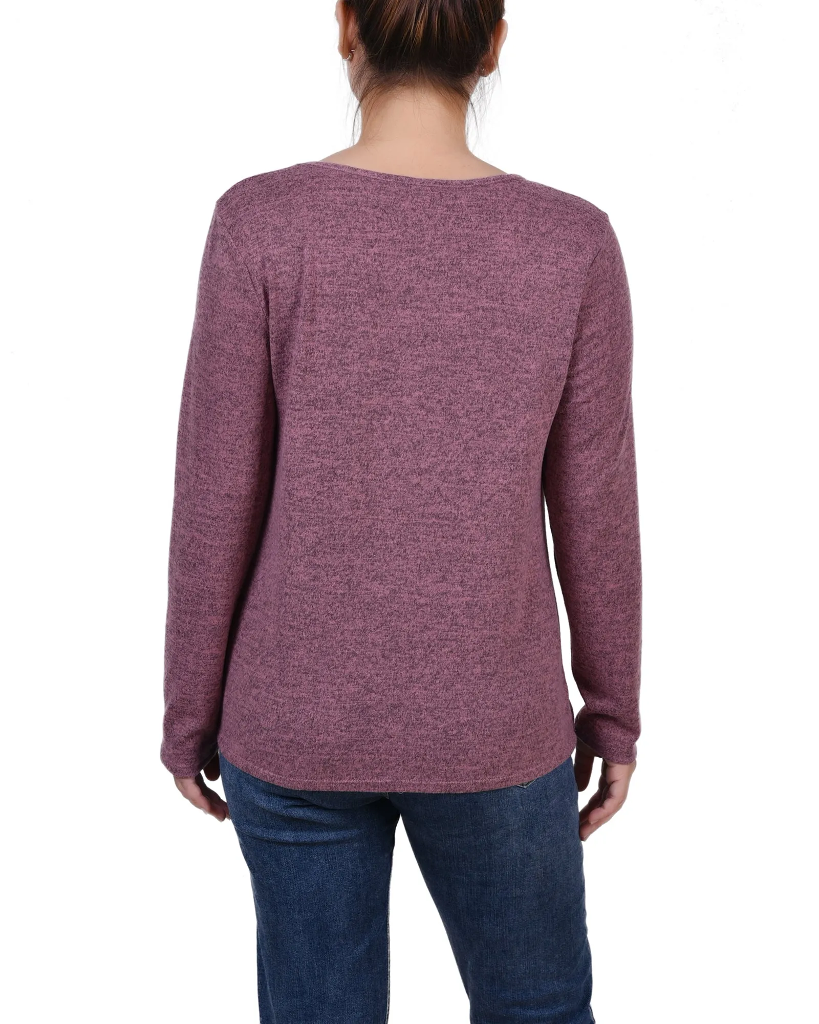 Petite Long Sleeve Knit Keyhole Top With Studs