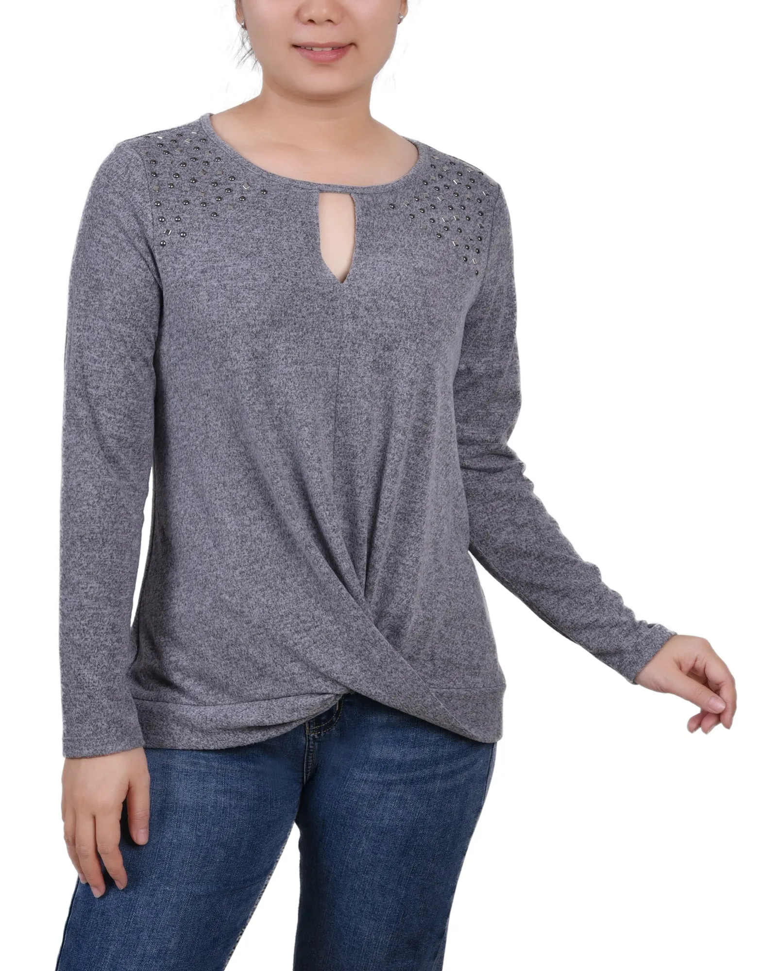 Petite Long Sleeve Knit Keyhole Top With Studs