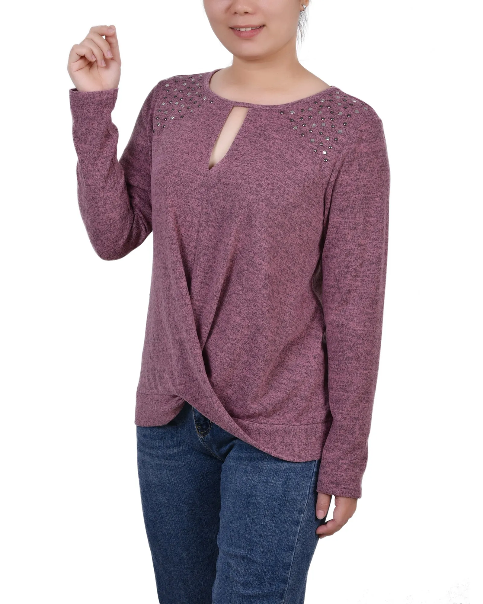 Petite Long Sleeve Knit Keyhole Top With Studs