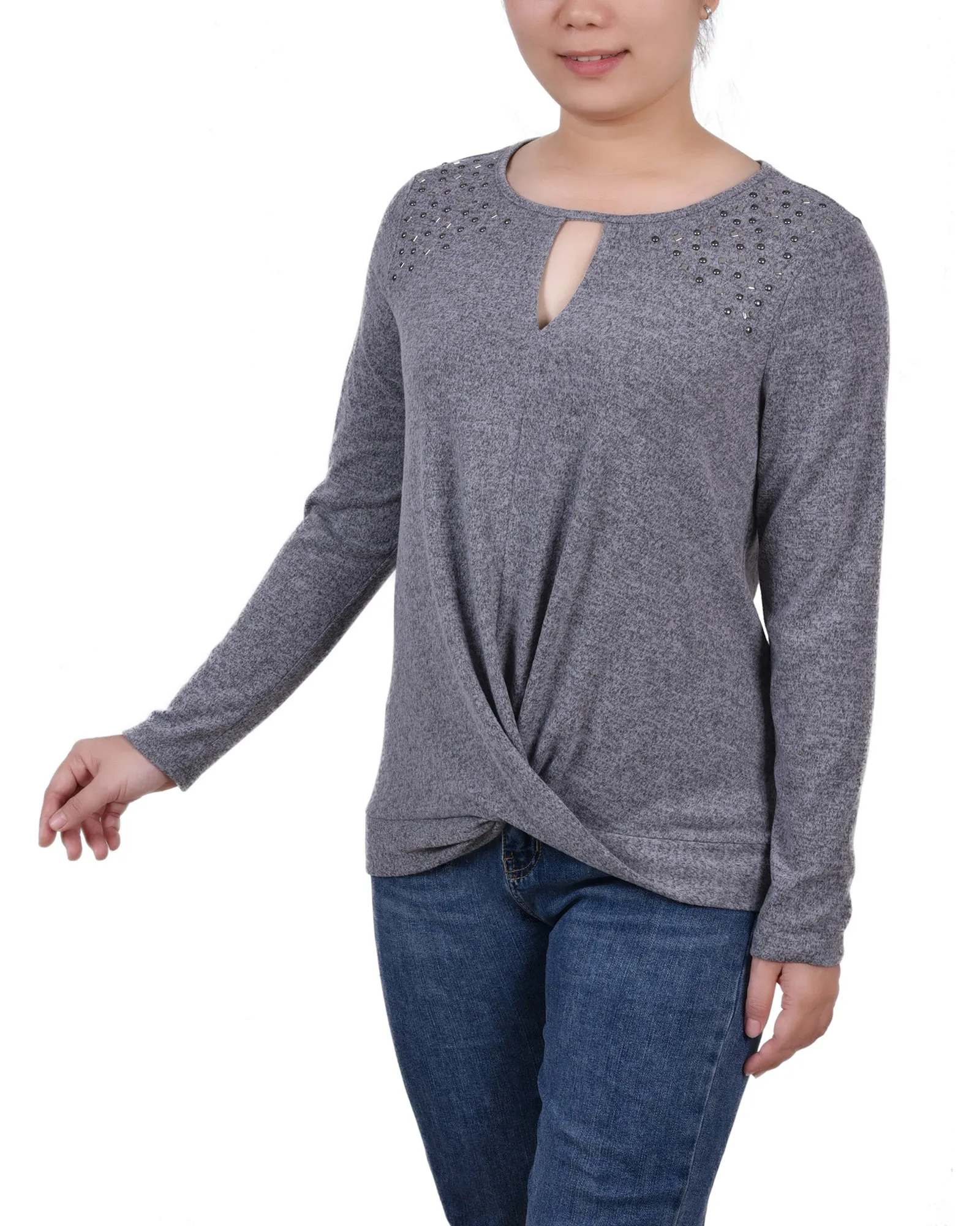 Petite Long Sleeve Knit Keyhole Top With Studs