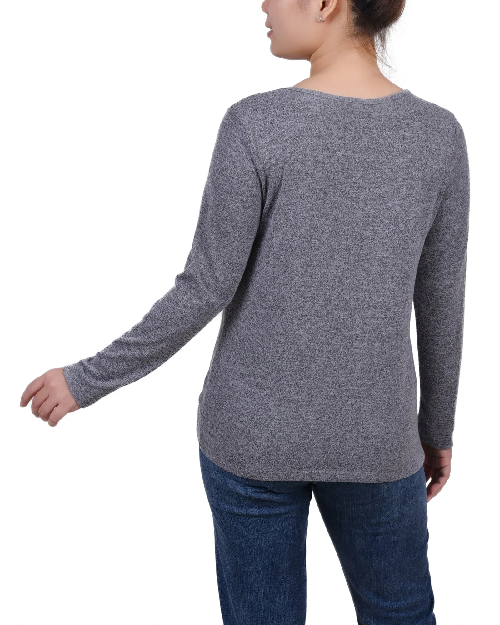 Petite Long Sleeve Knit Keyhole Top With Studs