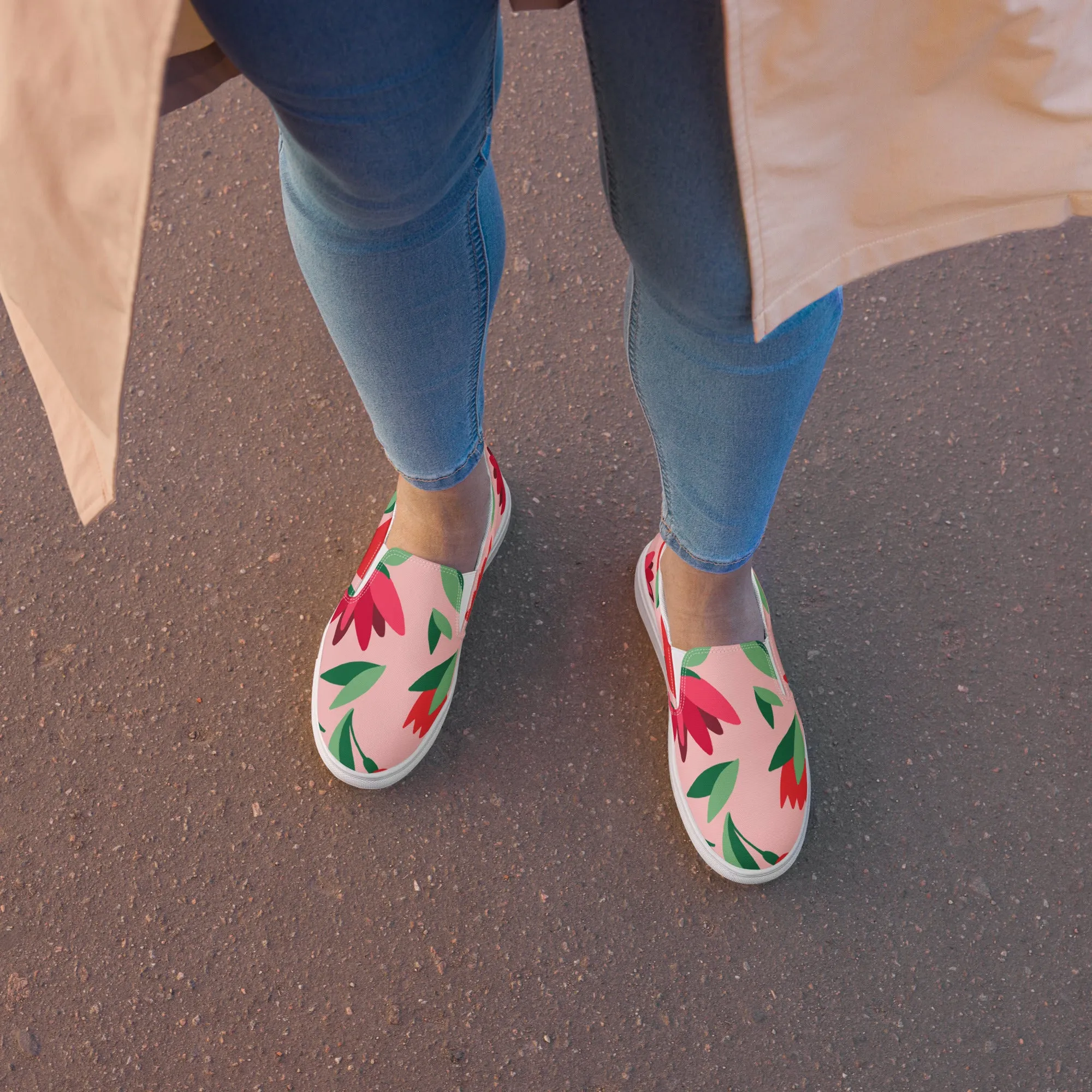 Pink Floral Women's Slip Ons, Red Floral Flower Print Women’s Slip-On Canvas Shoes (US Size: 5-12)