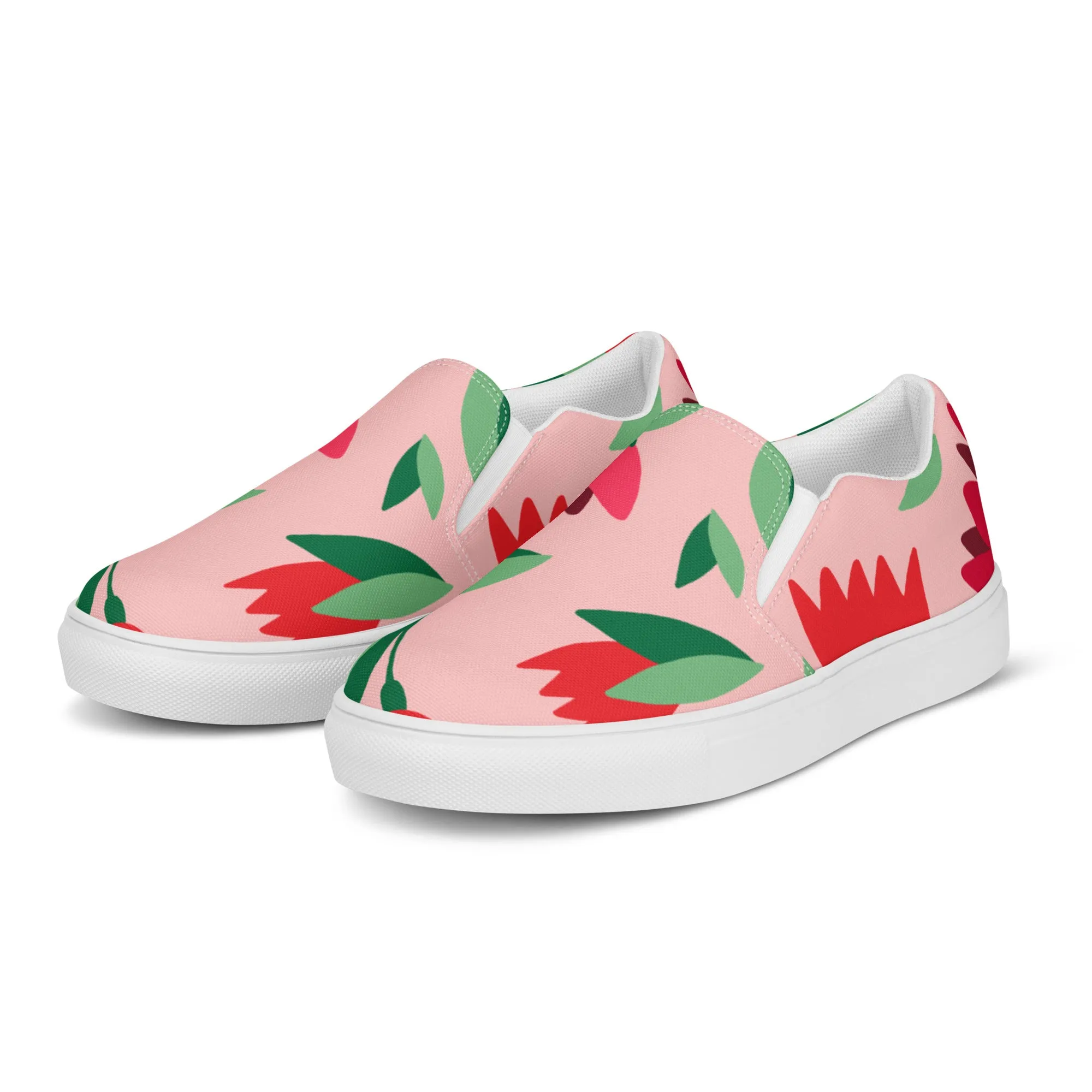 Pink Floral Women's Slip Ons, Red Floral Flower Print Women’s Slip-On Canvas Shoes (US Size: 5-12)