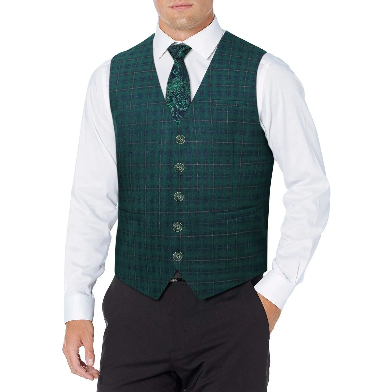 Plaid Slim Suit Vest - B-GREEN