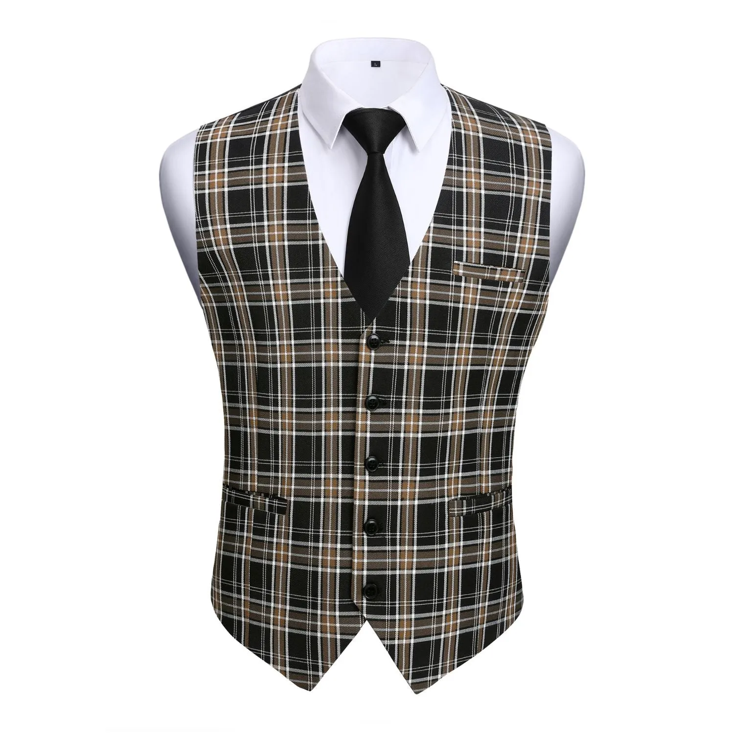 Plaid Slim Suit Vest - B3-BROWN/BLACK