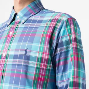 Poplin Stretch Custom Fit Shirt - Check - Turquoise/Pink Multi