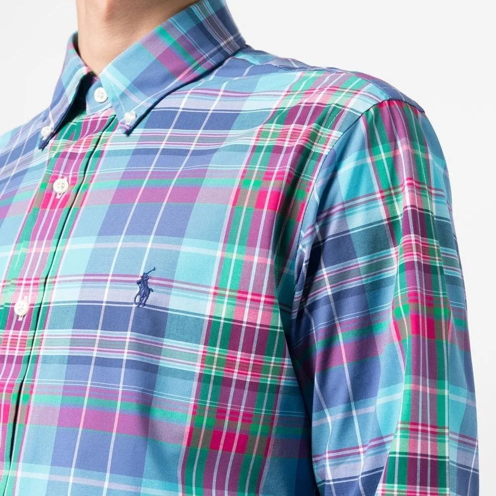 Poplin Stretch Custom Fit Shirt - Check - Turquoise/Pink Multi