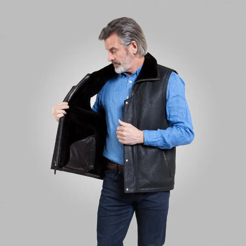 Purchase the Best: Winter Black Leather Shearling Vest – 30% Off at Rfx Leather