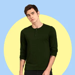 Regular Fit Solid Olive Green Full Sleeve Henley Neck Cotton Tshirt For Men By LazyChunks