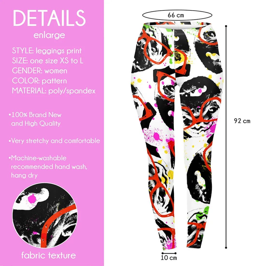 Regular Leggings (8-12 UK Size) - Graffiti Glasses Pug