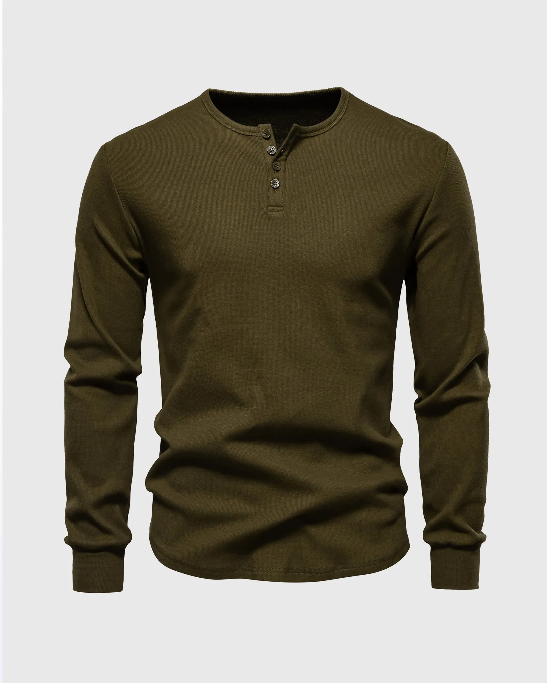 Rib Knit Curved Hem Long Sleeve Henley Shirt