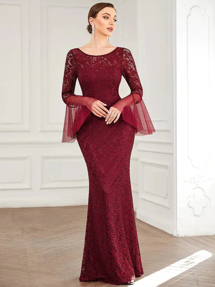 Round Collar Tulle Bell Sleeve Lace Bodycon Evening Dress