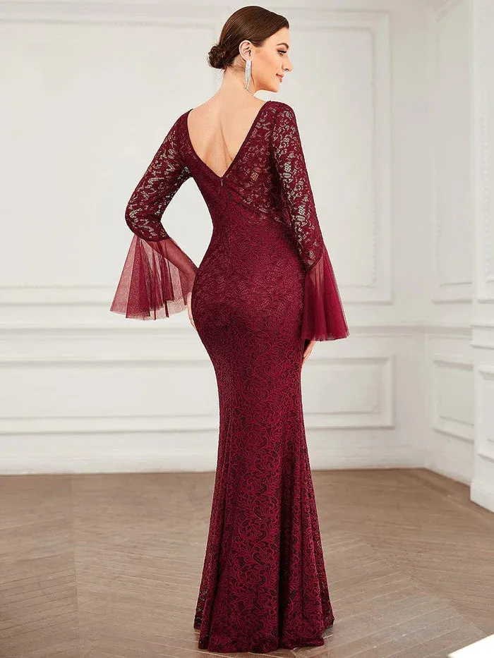 Round Collar Tulle Bell Sleeve Lace Bodycon Evening Dress