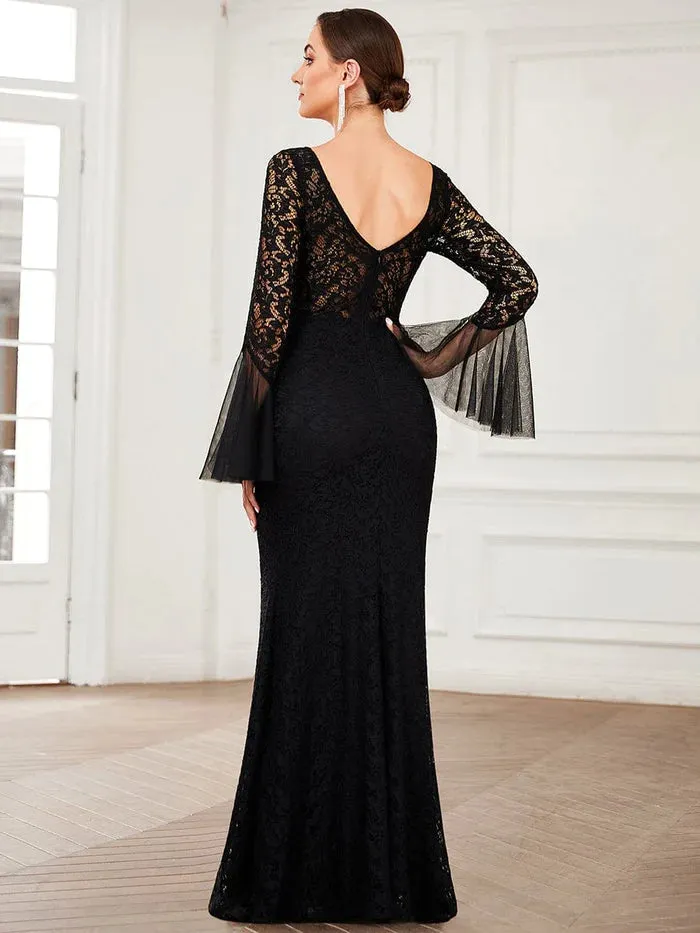 Round Collar Tulle Bell Sleeve Lace Bodycon Evening Dress