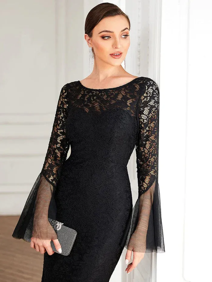 Round Collar Tulle Bell Sleeve Lace Bodycon Evening Dress