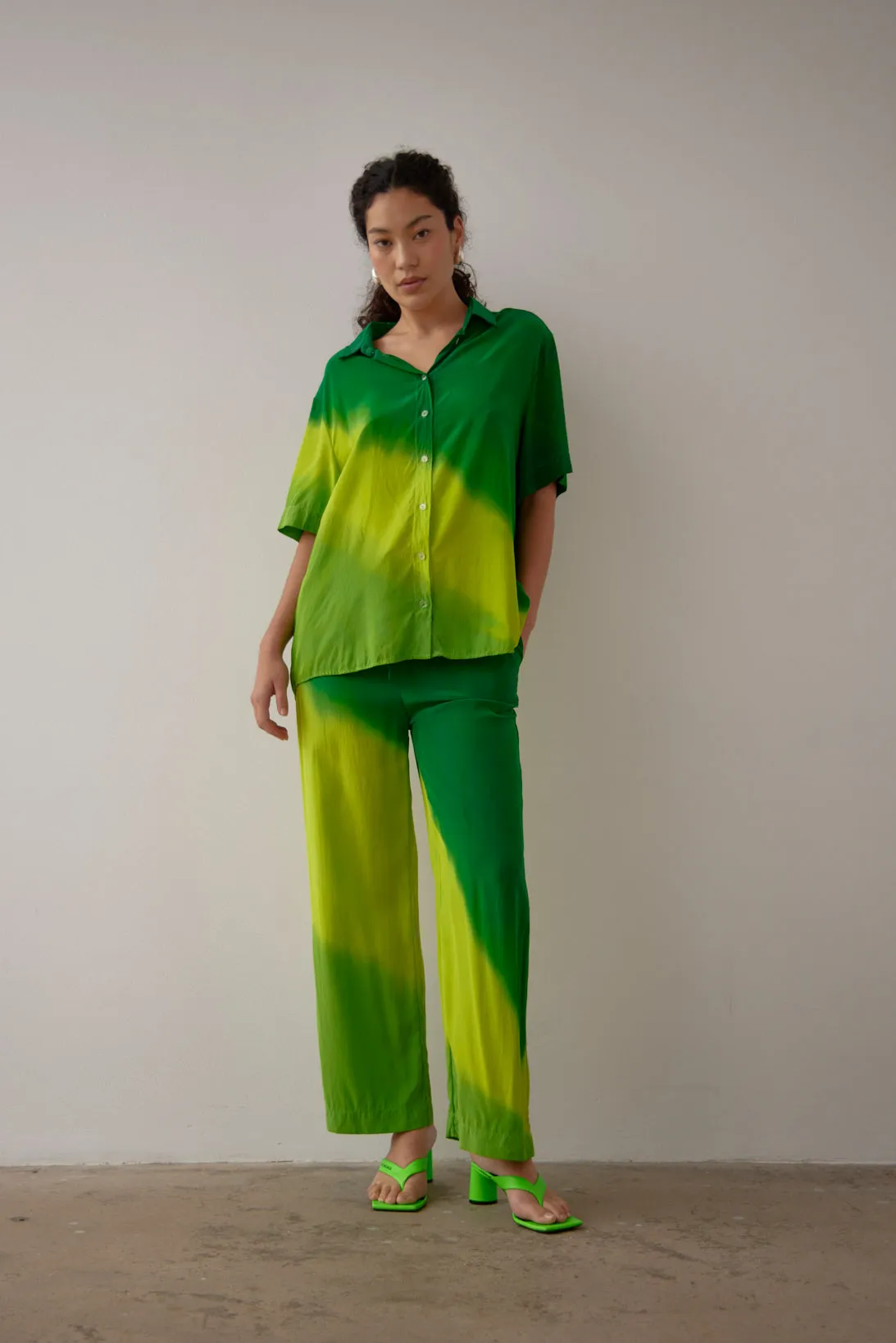 SANTANA - COLLARED SHIRT-  GREEN HAND PAINTED SILK SATIN