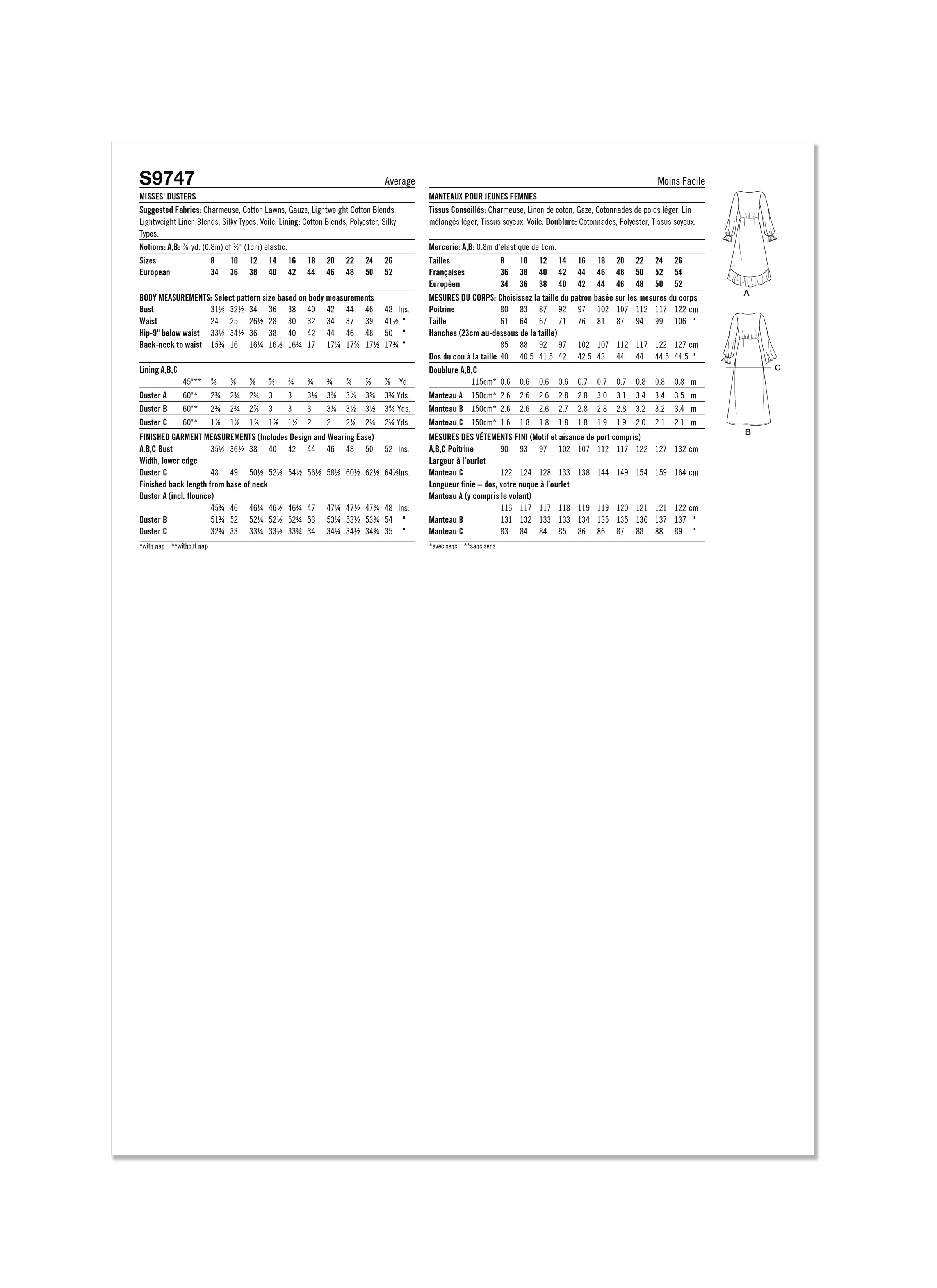 Simplicity Sewing Pattern S9747 MISSES' DUSTERS