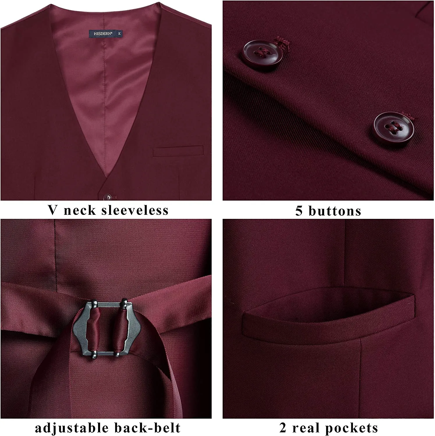 Solid 3pc Suit Vest Set - BURGUNDY-2