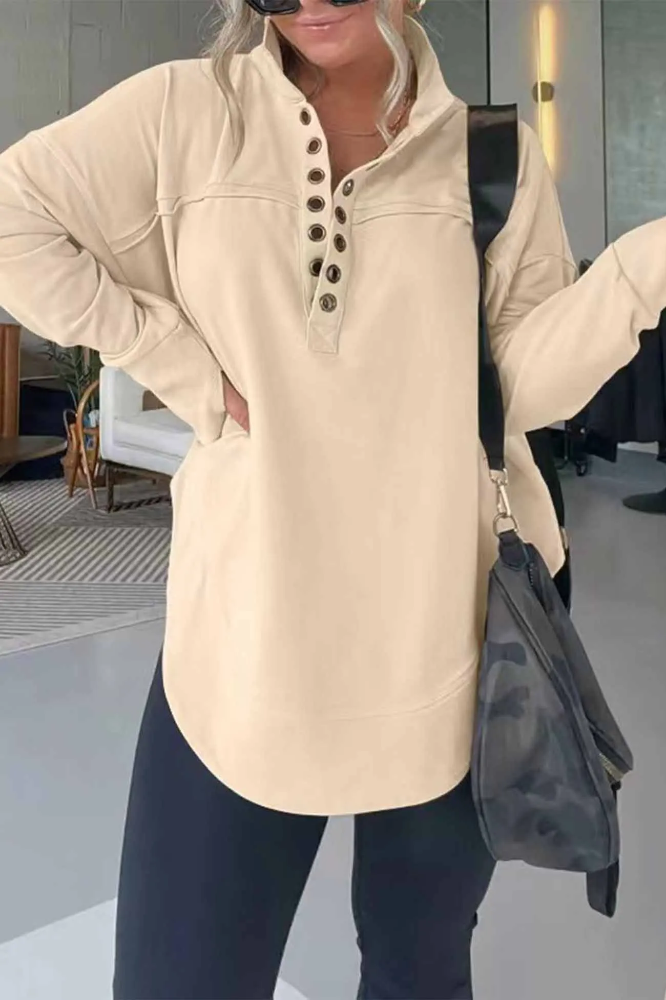 Solid Button Up Long Sleeve Sweatshirt