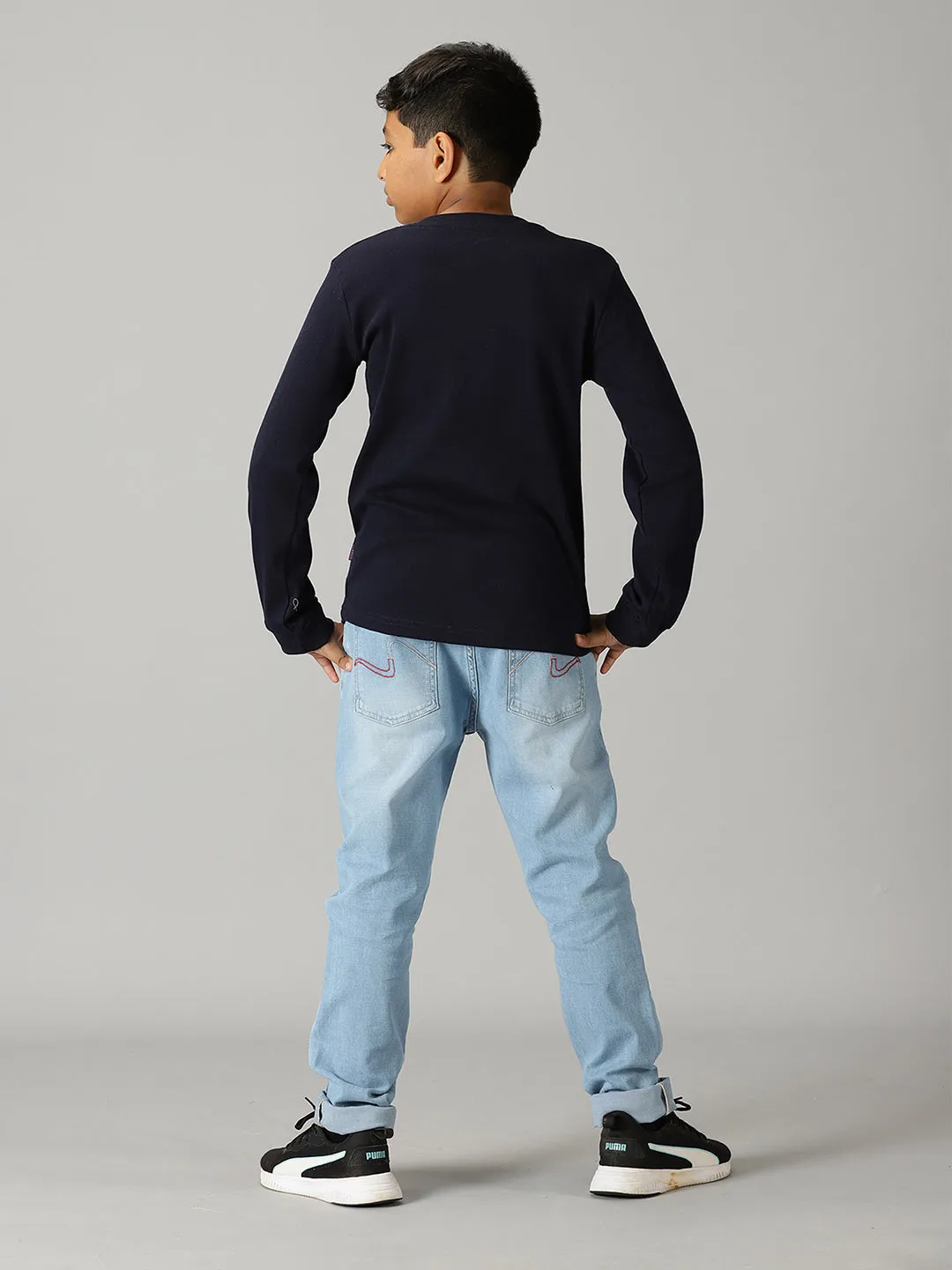 Solid Full Sleeve Henley Neck Rib Tee & Basic 5 Pocket Denim Pant Set