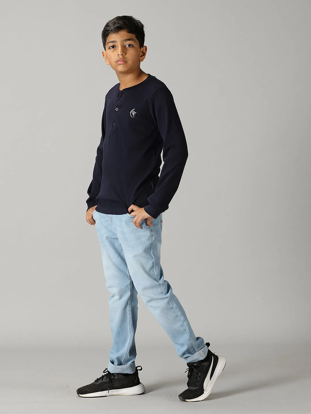 Solid Full Sleeve Henley Neck Rib Tee & Basic 5 Pocket Denim Pant Set