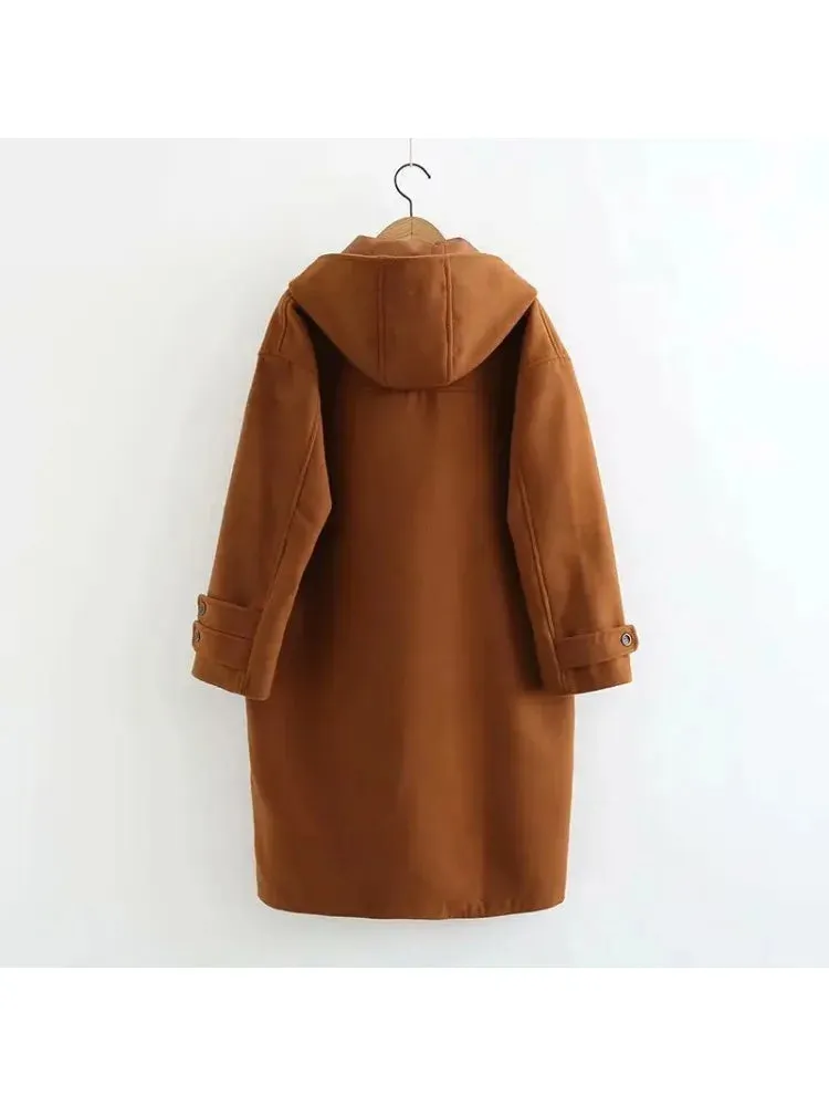 Solid Horn Button Long Straight Hooded Wool Coats Women Winter  Sleeve Korean Casual Ladies Warmness Vintage Outwear