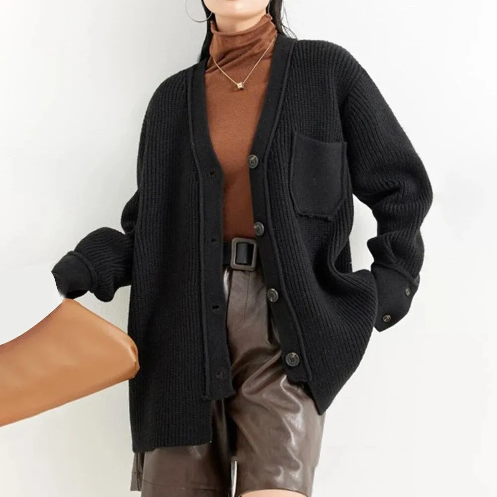 Solid Minimalist Swweaters For Women V Neck Long Sleeve Patchwork Single Breasted Loose Sweater Female Clothing