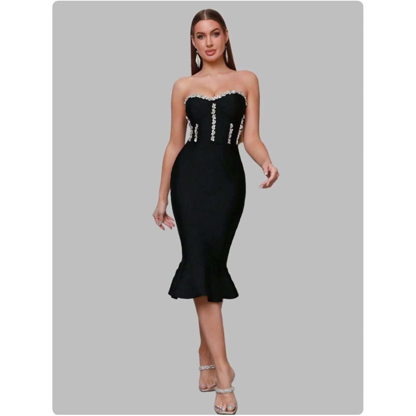 Strapless Diamante Midi Bodycon Dress