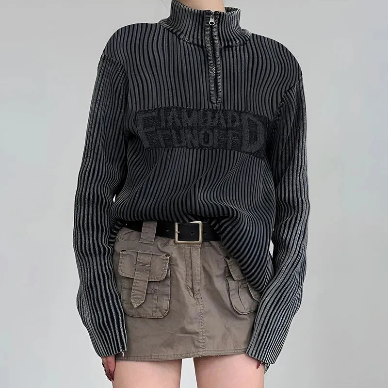 Streetwear Gothic Stripe Autumn Sweater Female Turtleneck Zipper Knitted Clothes Letter Vintage Pullover Warm Outfits