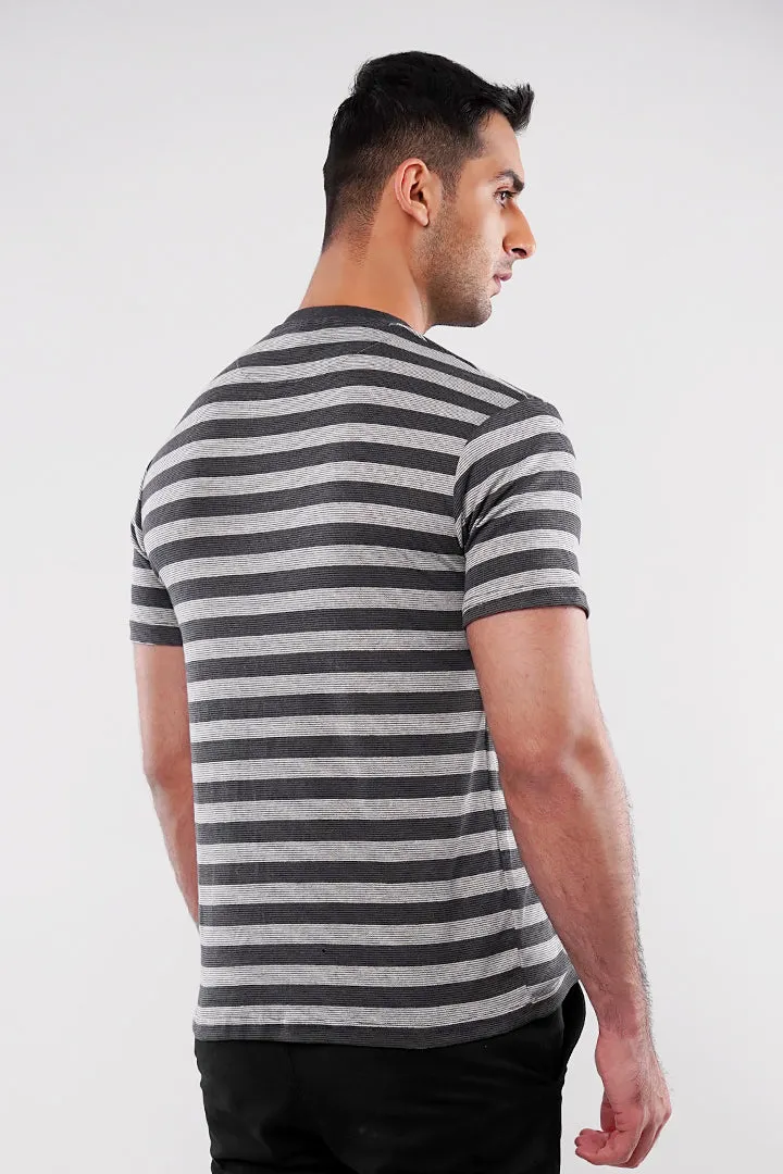 Striped Henley T-Shirt - Grey