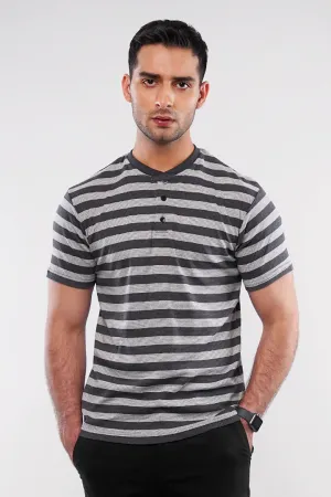 Striped Henley T-Shirt - Grey