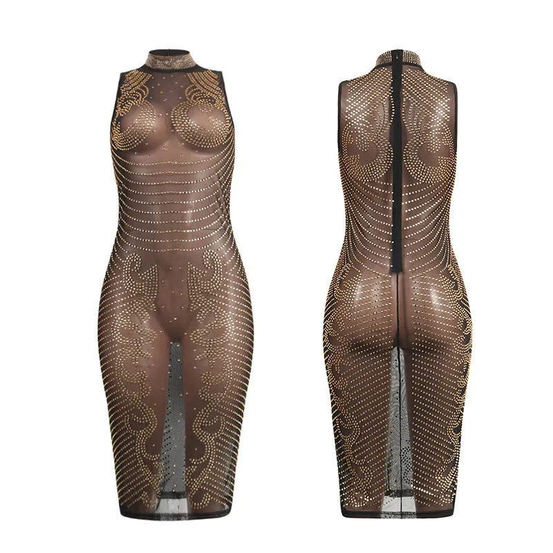 Sultry sheer rhinestone bodycon party dress