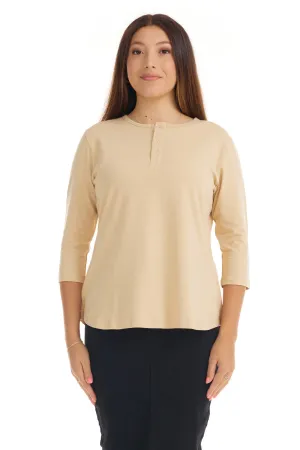 Tan 3/4 Sleeve Cotton Henley Shirt for Women