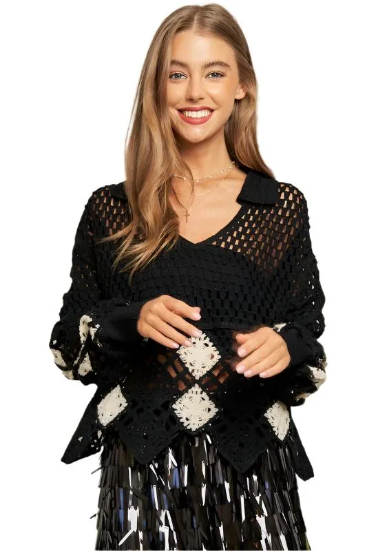 TEEK - Crochet V-Neck Long Sleeve Knit Sweater Top