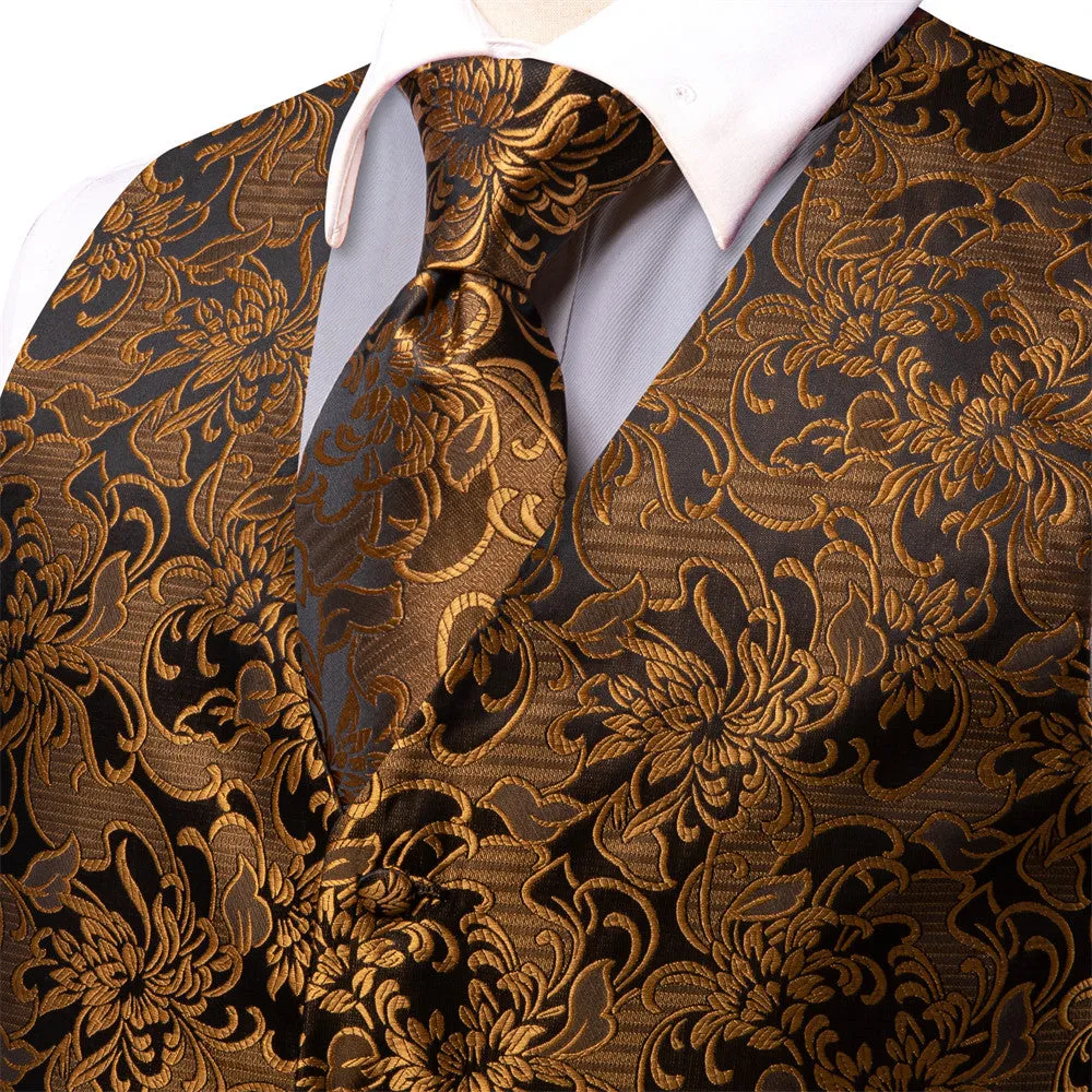 Ties2you Black Gold Floral Vest Necktie Set