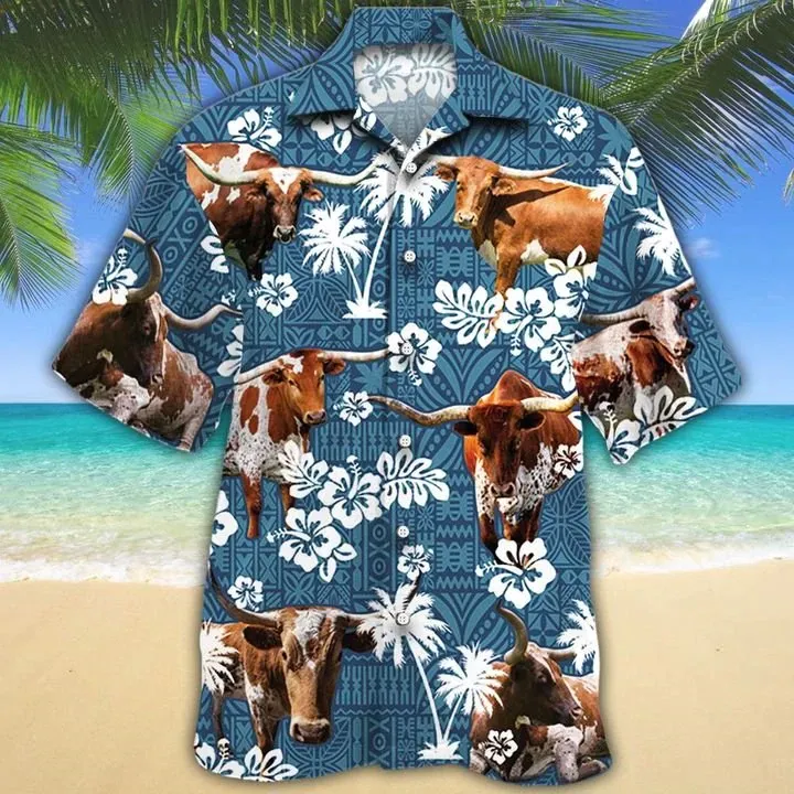 Tx Longhorn Cattle Lovers Blue Tribal Hawaiian Shirt, Cow Hawaiian shirts for men, Women