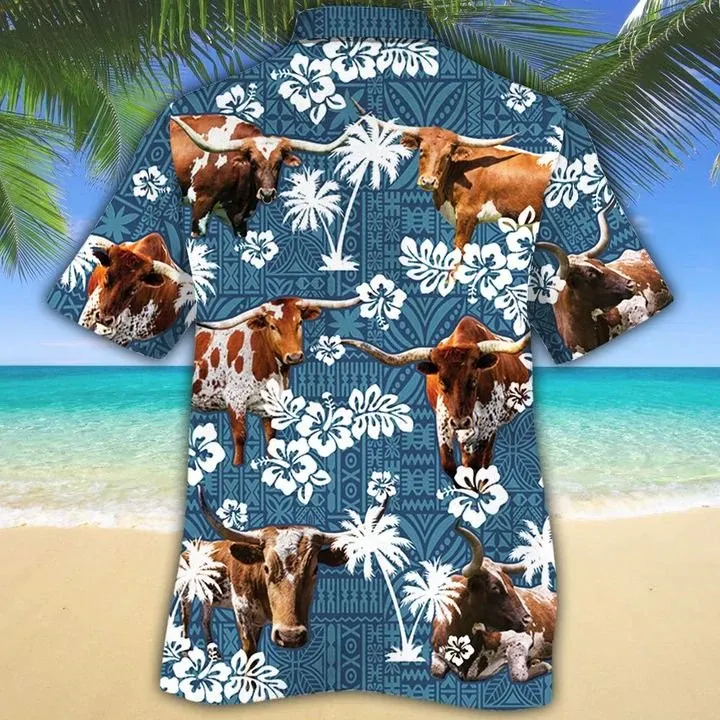 Tx Longhorn Cattle Lovers Blue Tribal Hawaiian Shirt, Cow Hawaiian shirts for men, Women